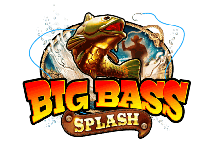 Cartoon fisherman with rod standing beside a huge bass fish mascot and the Big Bass Splash logo over turquoise canyon water