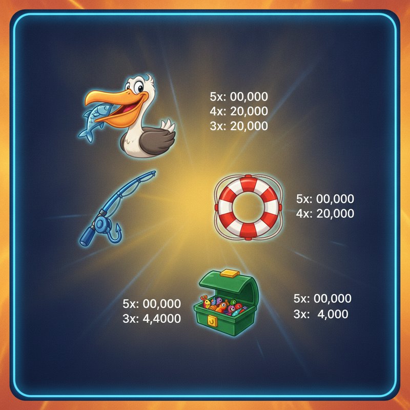 Fishin Frenzy paytable showing pelican, fishing rod, life preserver and tackle box symbol payouts